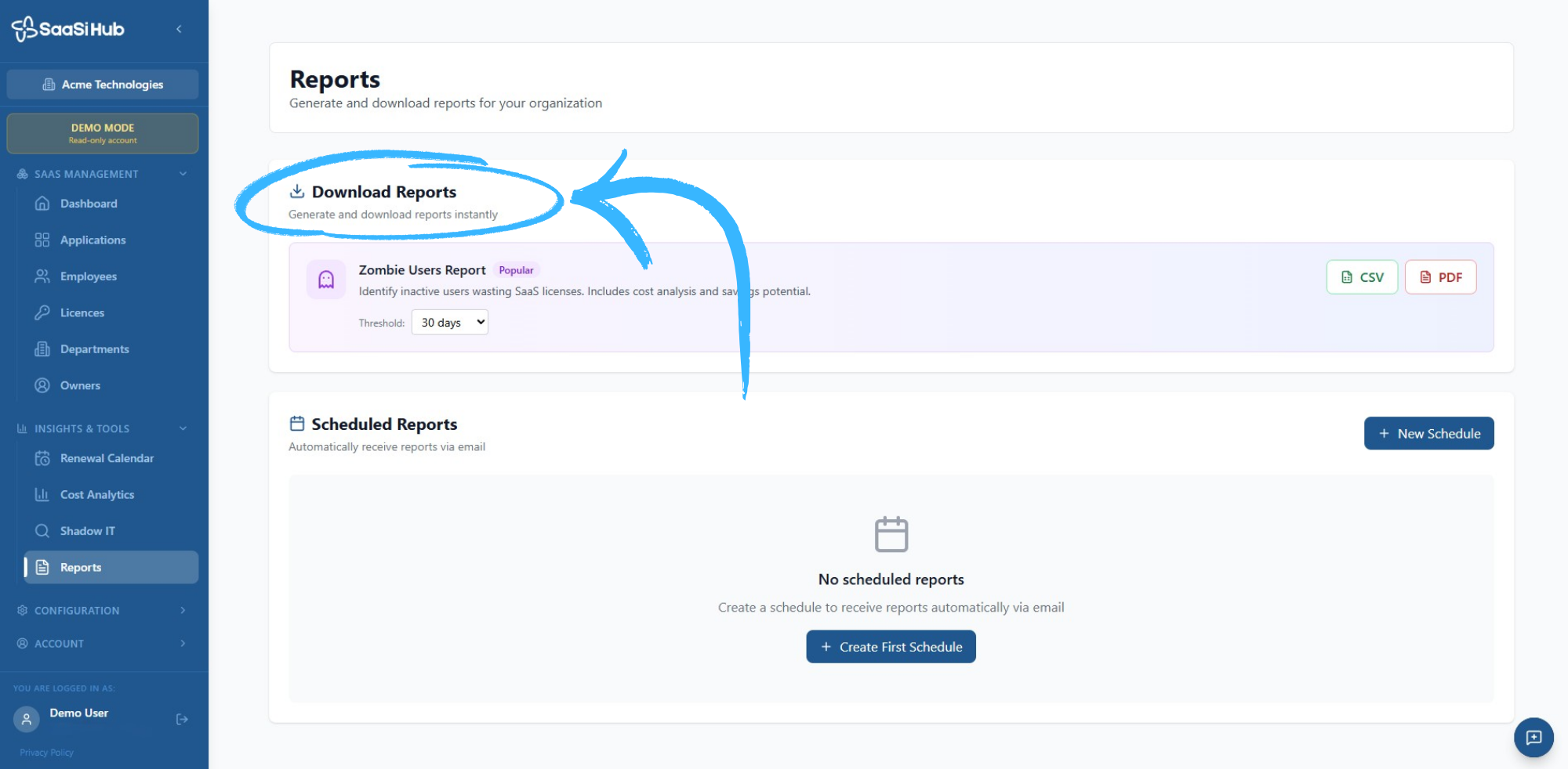 Screenshot of the download reports section within the SaaSi Hub platform.